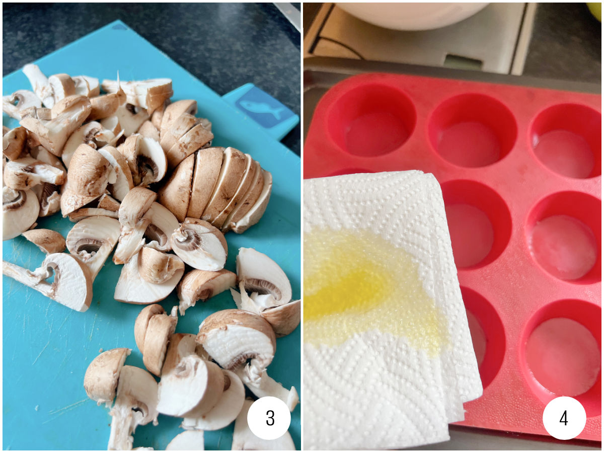 Chopped mushrooms and oiling a silicone muffin tray