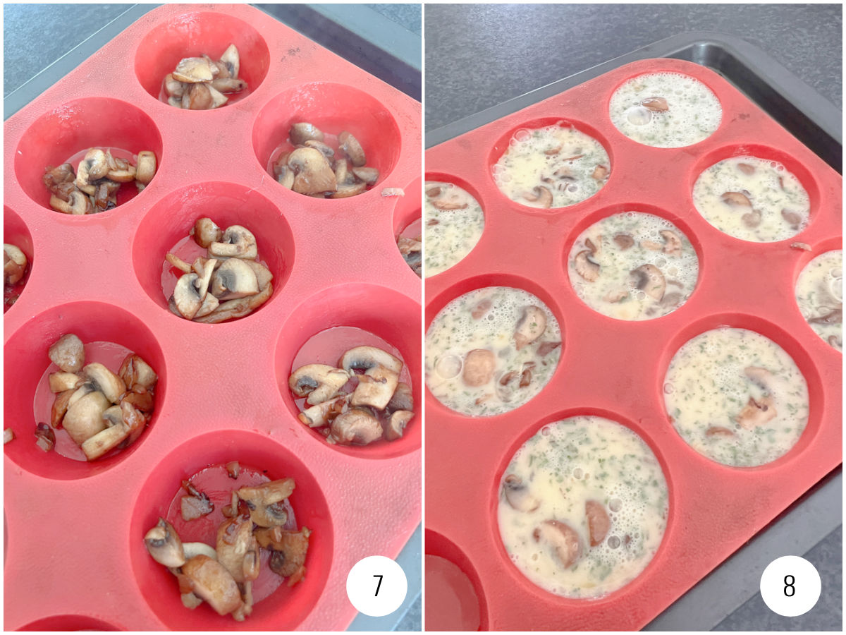 Adding the mushrooms and egg mixture to the muffin tray
