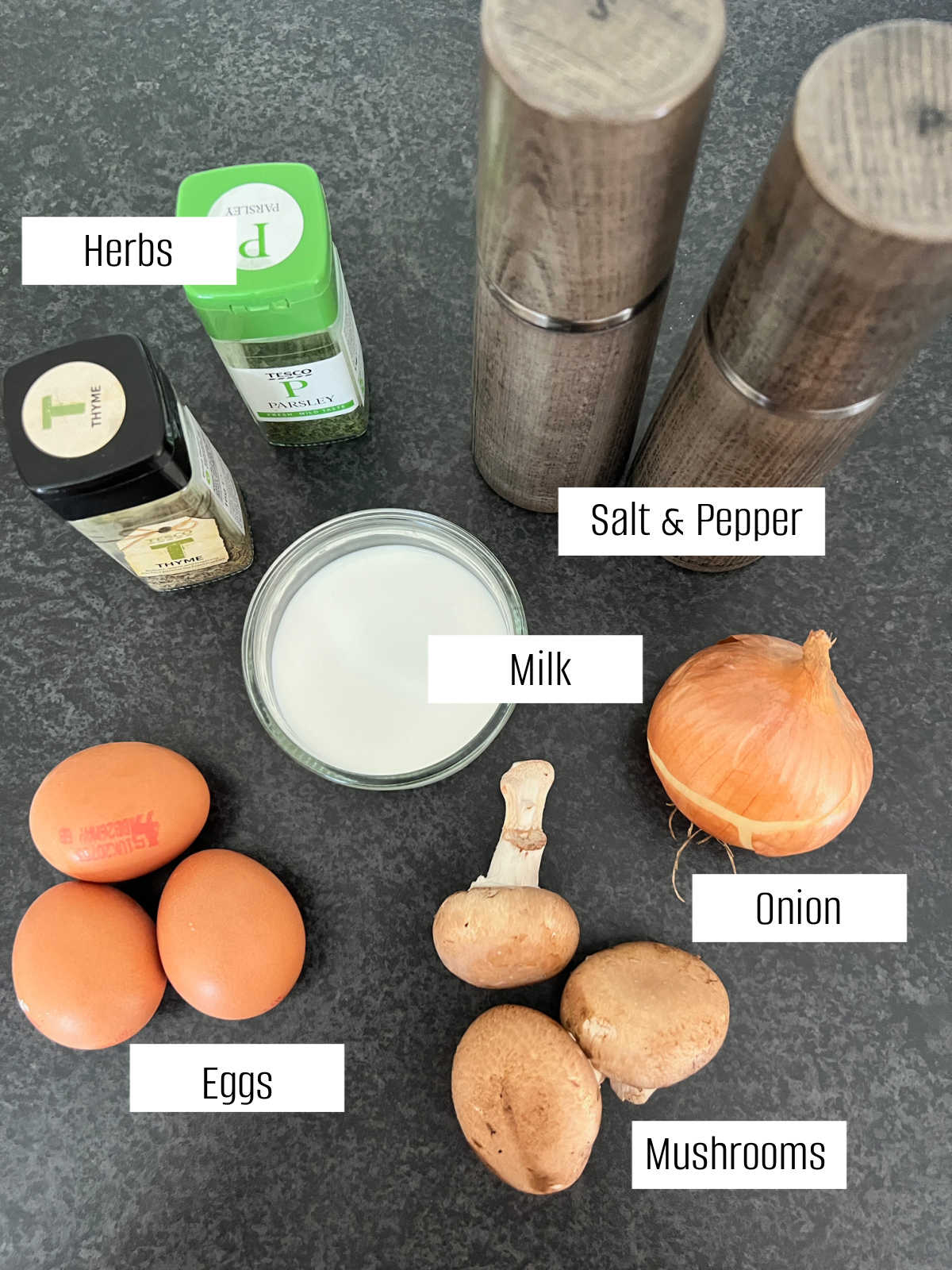 Selection of ingredients needed to make Mushroom Onion Frittata Muffins