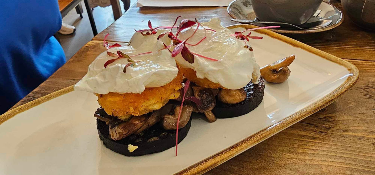 2 towers of black pudding, hash brown and fried eggs with red shoots on top, all placed on a rectangle plate on a wooden table