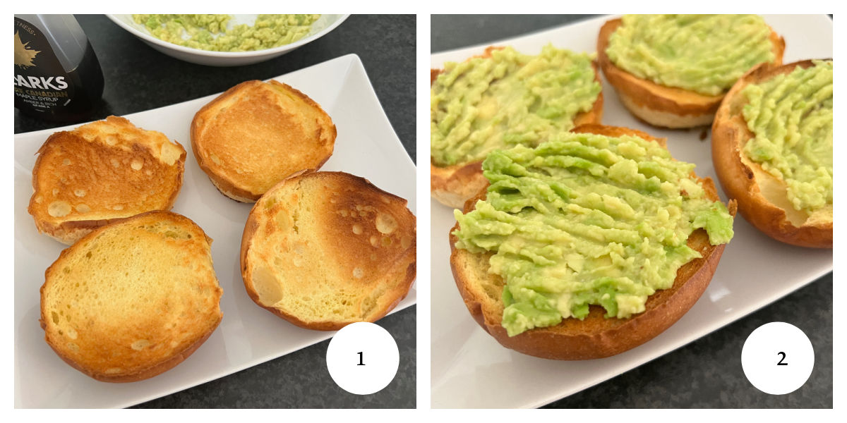 2 pictures of the method for peanut butter and avocado on toasted brioche buns, showing plain toasted buns and avocado spread on 4 buns