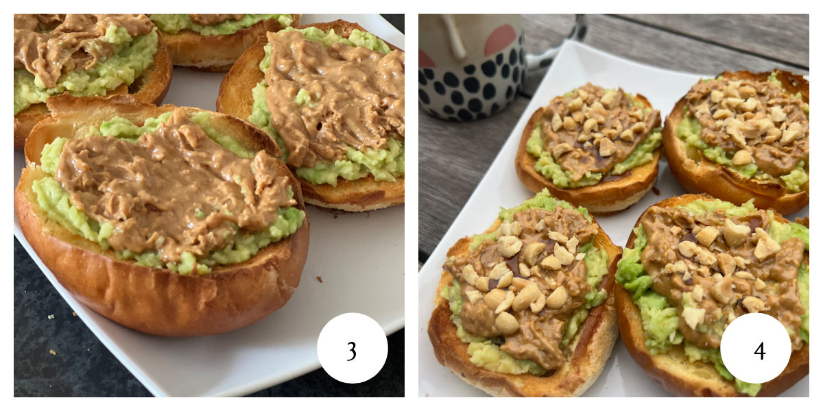 2 images showing the next steps in making peanut butter and avocado on brioche toast